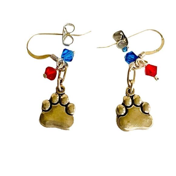 KU Just Cute Dangle Silver Paws Earrings With Red/blue accent crystals. - Picture 6 of 10